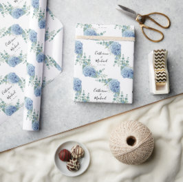 Papel De Presente Hortênsia Azul Floral Casamento Personalizado
