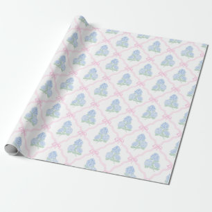 Papel De Presente Hortênsia Azul Préppy com Treliça de Laço Rosa