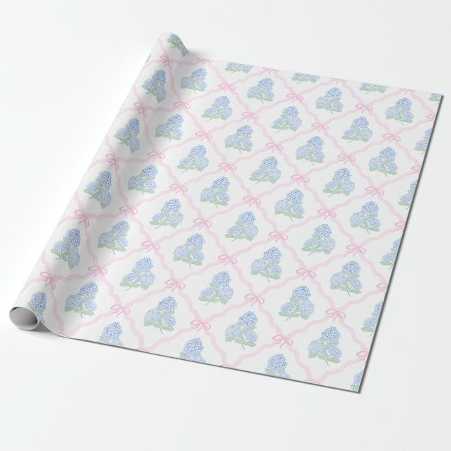Papel De Presente Hortênsia Azul Préppy com Treliça de Laço Rosa (Desenrolado)