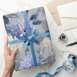 Papel De Presente Hortênsia Azul Suave Padrão Floral Cinza