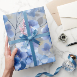 Papel De Presente Hortênsia Azul Suave Padrão Floral Cinza