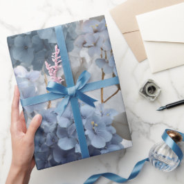 Papel De Presente Hortênsia Azul Suave Padrão Floral Cinza