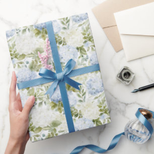 Papel De Presente Hortênsia Romântica Floral Casamento Azul Branco