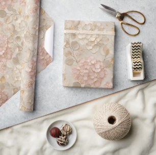 Papel De Presente Hortênsias Rosa Floral Ouro Elegante 