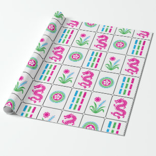 Papel De Presente Huge Mahjong Tiles #4 Rosa Verde Capri Azul Branco