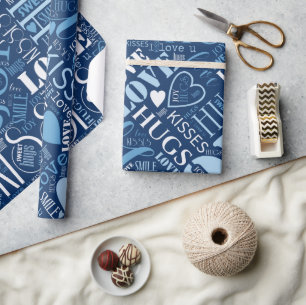 Papel De Presente Hugs e Kisses Word Cloud Blue ID286