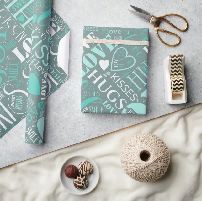 Papel De Presente Hugs e Kisses Word Cloud Teal ID286 (Artesanato)