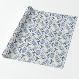 Papel De Presente Hummingbird and Branches Blue Toile Chinoiserie