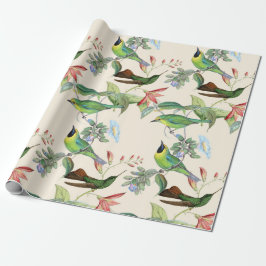 Papel De Presente Hummingbird e Flores em Creme Claro