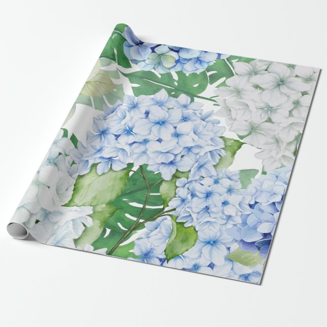 Papel De Presente Hydrangea azul e branca (Desenrolado)