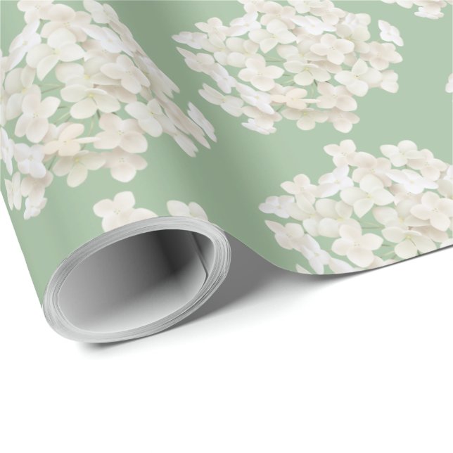 Papel De Presente Hydrangea Branca Em Verde (Ponta do rolo)