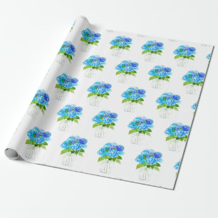 Papel De Presente Hydrangea floral Blue Flores Aquarela Russo