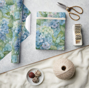 Papel De Presente Hydrangea Floral Watercolor Azul