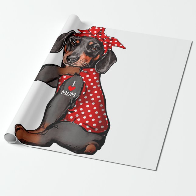 Papel De Presente I Love Mom Tattoo Funny Dachshund Dog Wearing Band (Desenrolado)
