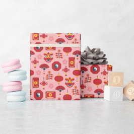 Papel De Presente Ícones de Ano Novo Chinês Rosa Moderno