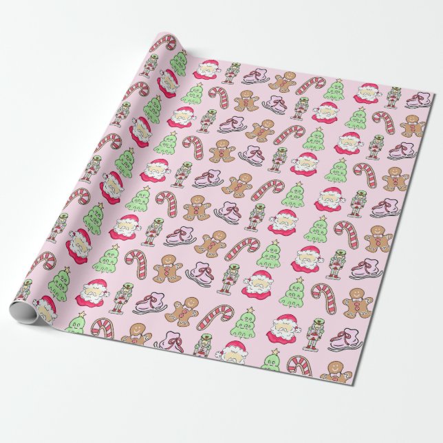 Papel De Presente Ícones de pré-disquete de Natal Rosa Suave (Desenrolado)