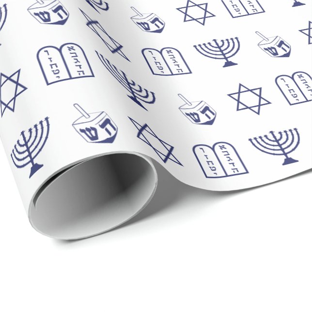Papel De Presente Ícones judaicos azuis minimalistas marinho branco  (Ponta do rolo)