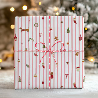 Papel De Presente Ícones retrô fofos de Natal com listra rosa