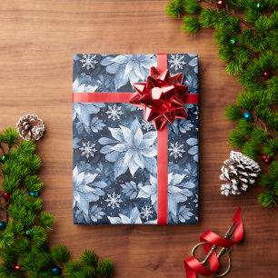 Papel De Presente Icy Blue Poinsettias e Snowflakes no Marinho