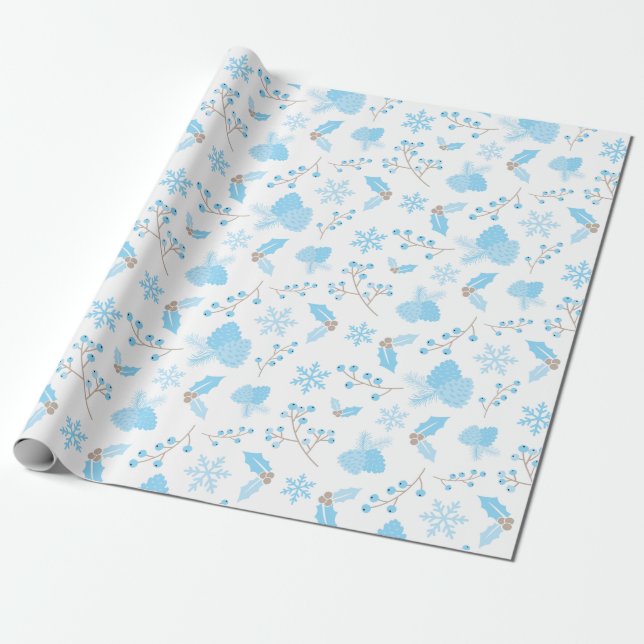 Papel De Presente Icy Winter Mistletoe Pinecone e Snowflakes White (Desenrolado)