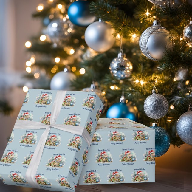 Papel De Presente Iguana quer um feliz azul de Natal (iguana wish you a merry Christmas light blue gift wrap
)