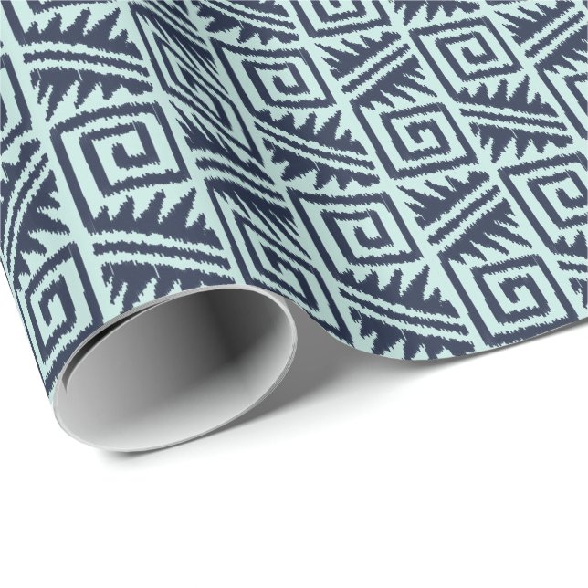 Papel De Presente Ikat Asteca Tribal - Índigo e Azul Claro (Ponta do rolo)