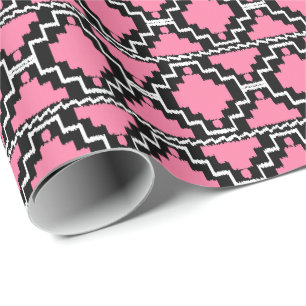 Papel De Presente Ikat Asteca Tribal - Rosa Fúcsia, Preto e Branco