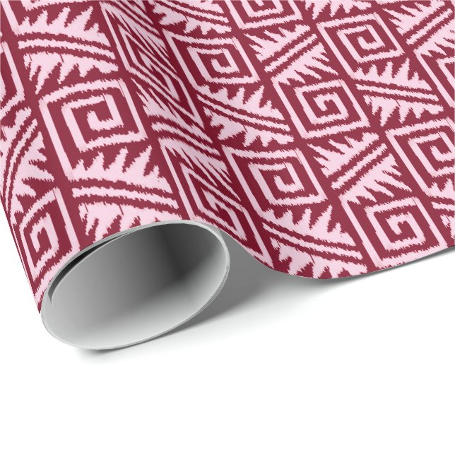 Papel De Presente Ikat Aztec Tribal - Borgonha e Rosa (Ponta do rolo)