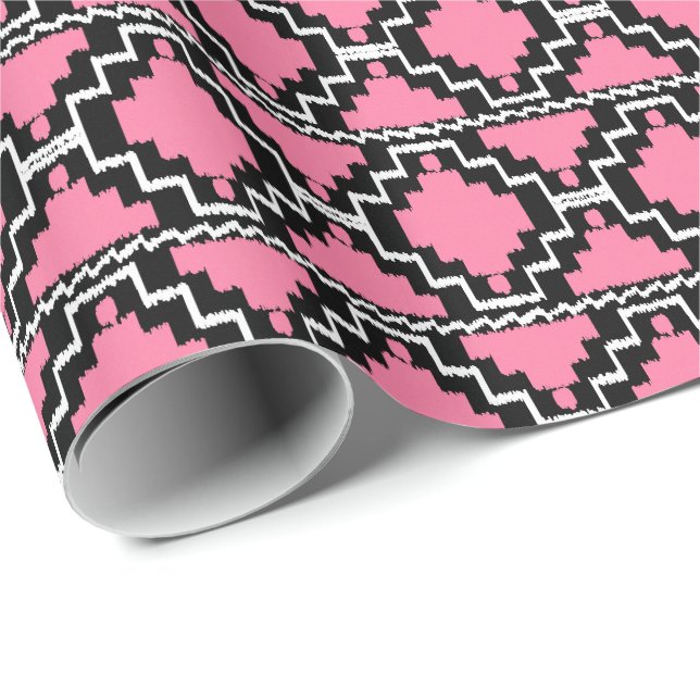Papel De Presente Ikat Aztec Tribal - Fuchsia Rosa, Preto e Branco (Ponta do rolo)