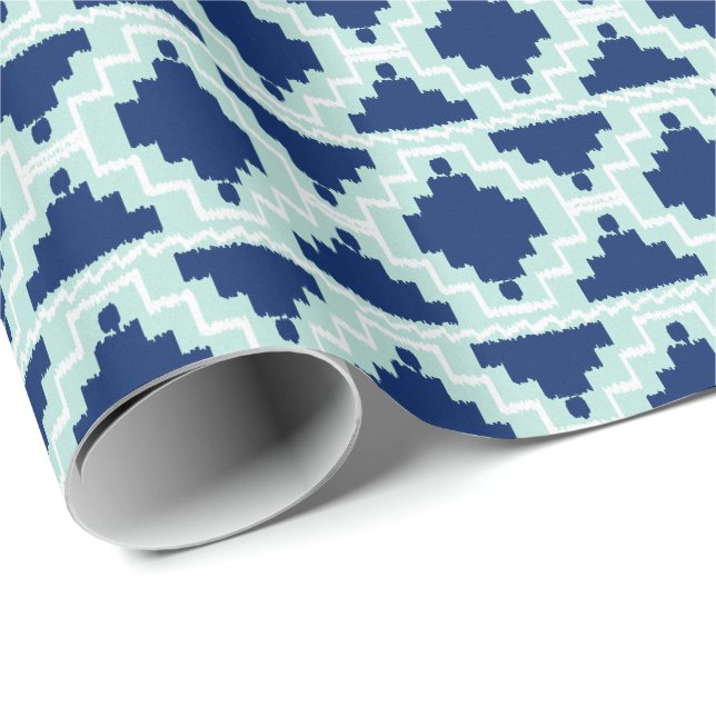 Papel De Presente Ikat Aztec Tribal - Indigo e azul claro (Ponta do rolo)