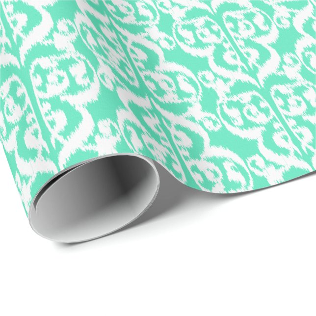 Papel De Presente Ikat Damasco Mourisco - aqua e branco (Ponta do rolo)