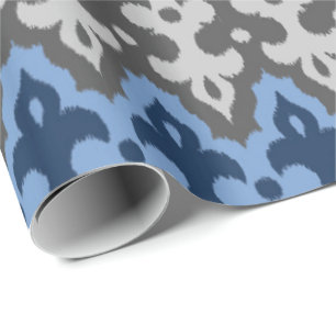 Papel De Presente Ikat Damask, Blue e Cinzas / Cinza marroquino