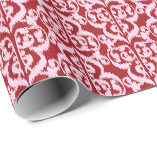 Papel De Presente Ikat Damask Mourisco - vermelho escuro e rosa