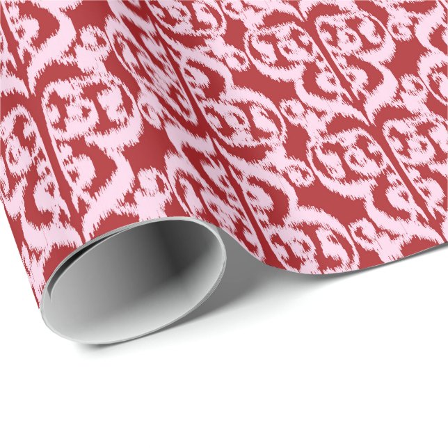 Papel De Presente Ikat Damask Mourisco - vermelho escuro e rosa (Ponta do rolo)