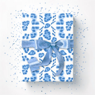 Papel De Presente Ikat de Leopardo em Porcelana Azul