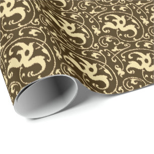 Papel De Presente Ikat Floral Damask - Marrom Chocolate e Bege