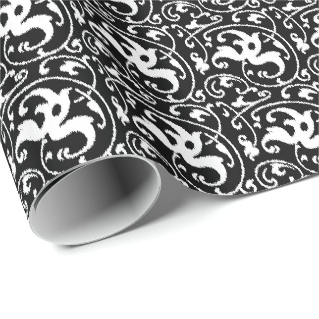Papel De Presente Ikat Floral Damask - Preto e Branco (Ponta do rolo)