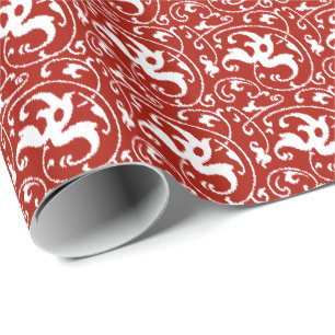 Papel De Presente Ikat Floral Damask - Vermelho Escuro e Branco