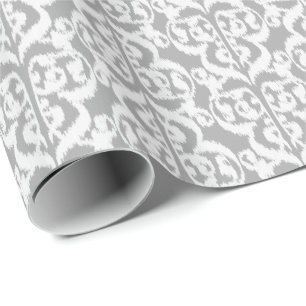 Papel De Presente Ikat Moorish Damask - cinza prateada e branca