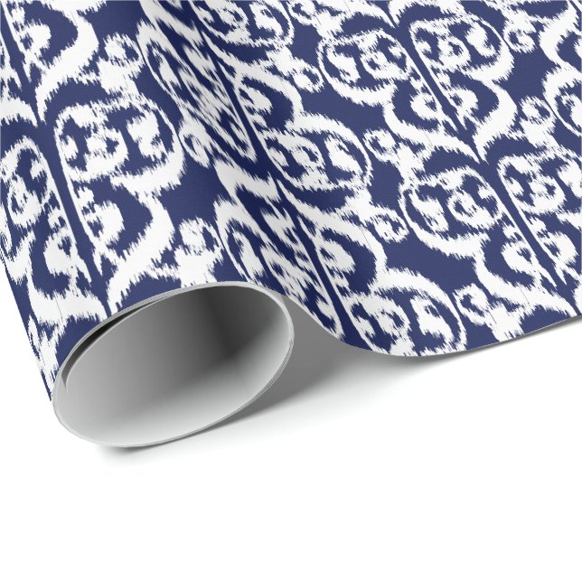 Papel De Presente Ikat Moorish Damask - indigo e branco (Ponta do rolo)