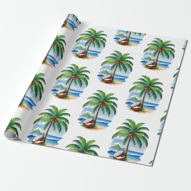 Papel De Presente Ilha Tropical de Árvore de Coco (Desenrolado)