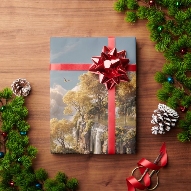 Papel De Presente Ilhas Flutuantes Surreais Com Árvores Douradas (Presente de Natal)