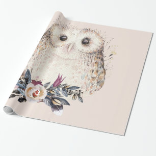 Papel De Presente Ilustração animal de Boho da coruja Pastel chique
