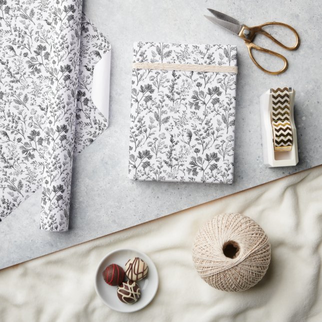 Papel De Presente Ilustração Botânica Preta Elegante (Artesanato)