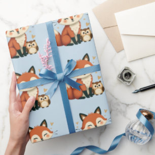 Papel De Presente Ilustração Caprichosa de Raposa e Coruja da Flores