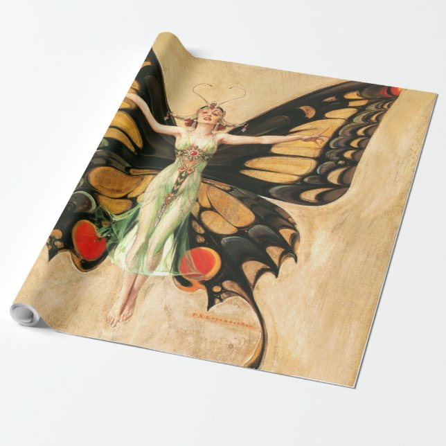 Papel De Presente Ilustração da Mulher Voando Borboleta Flapper (Desenrolado)