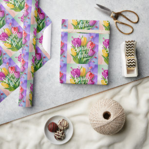 Papel De Presente Ilustração de Buquê de Tulipas "A Primavera Chegou