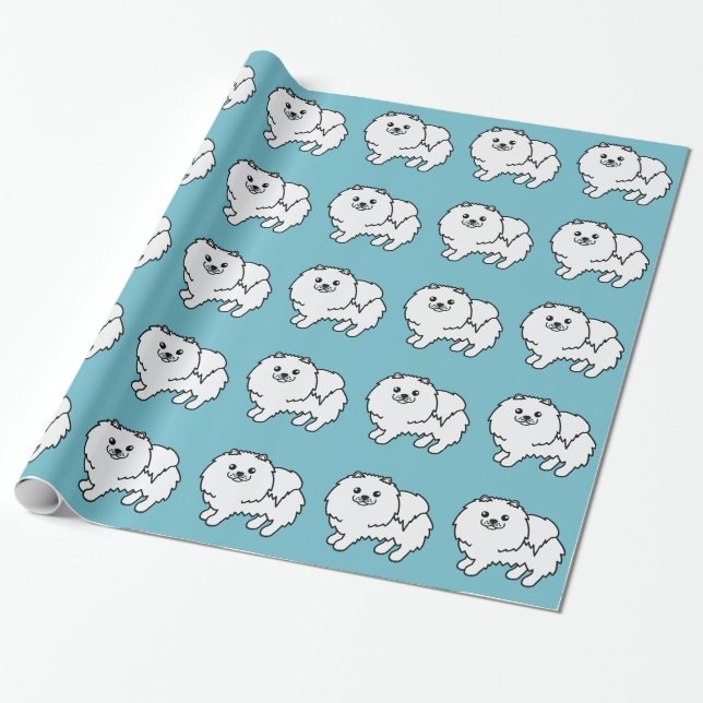 Papel De Presente Ilustração de Cachorro Pomerânia Branco em Azul (Desenrolado)