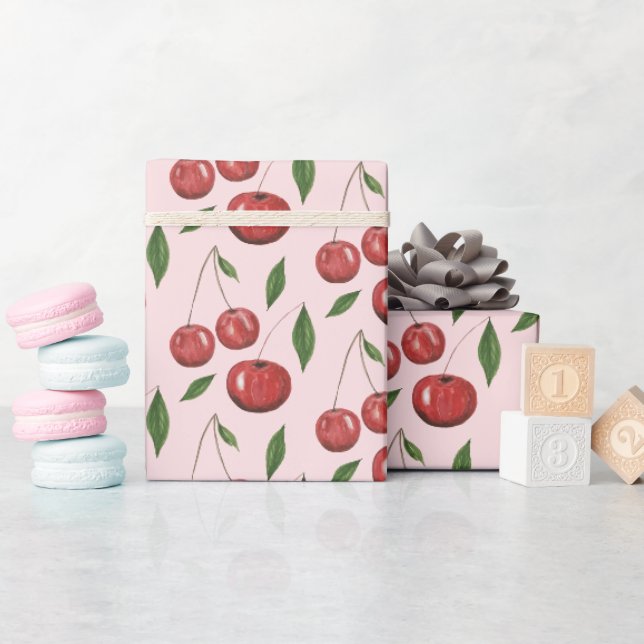 Papel De Presente Ilustração de Cerejas Doces em Aquarela Padrão (Chá de bebê)