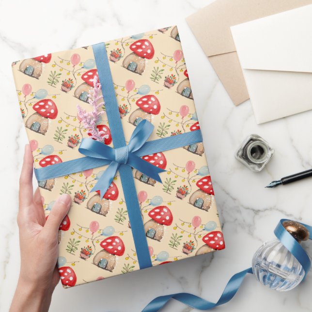 Papel De Presente Ilustração de Cogumelos Fofos em Aquarela (Presentear)